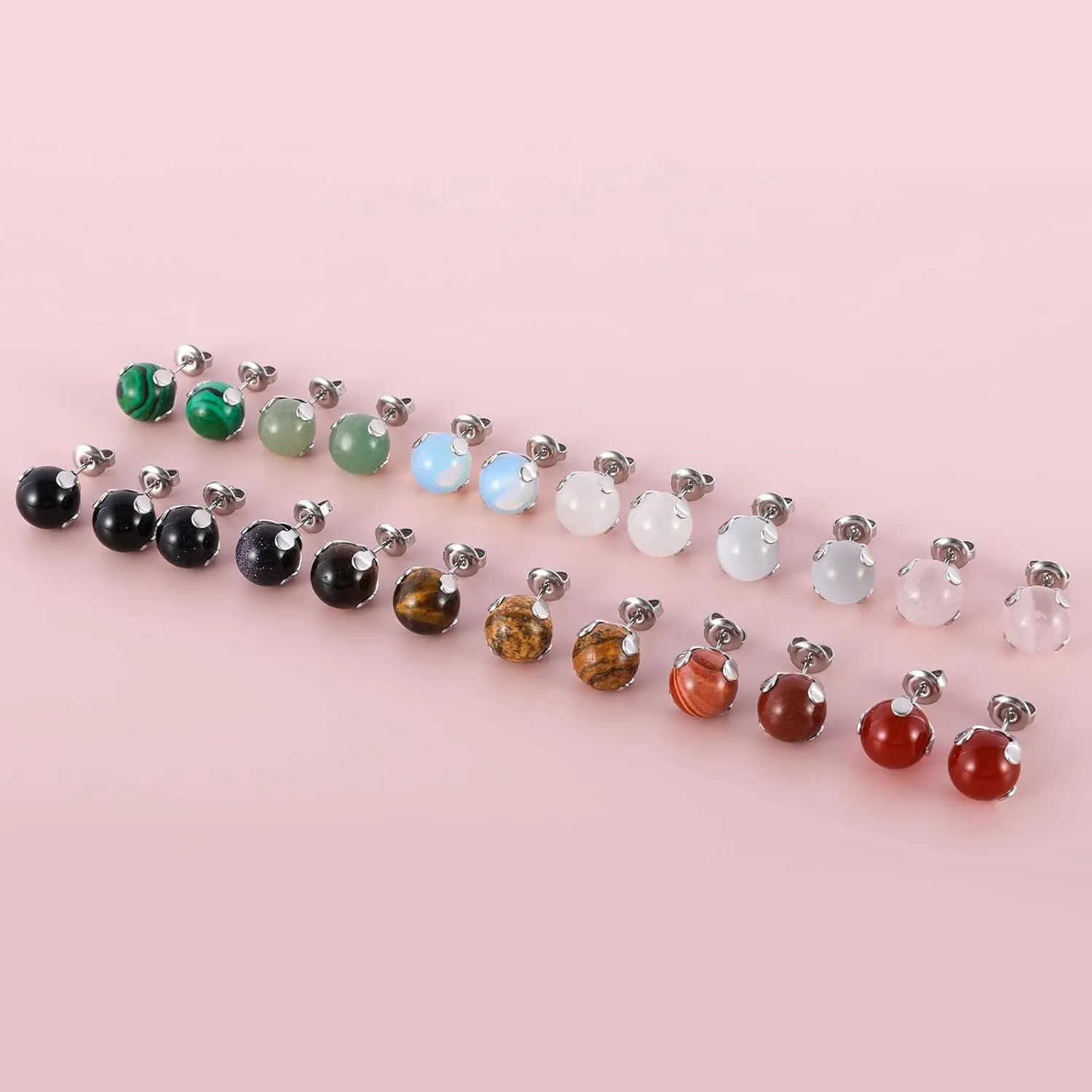 12 Pairs Multi Natural Gemstone Round Bead Ball Stud Earrings Gold Plated Stainless Steel Opal Tiger Eye Rose Quartz Onyx Stone Stud Earrings Set for Women