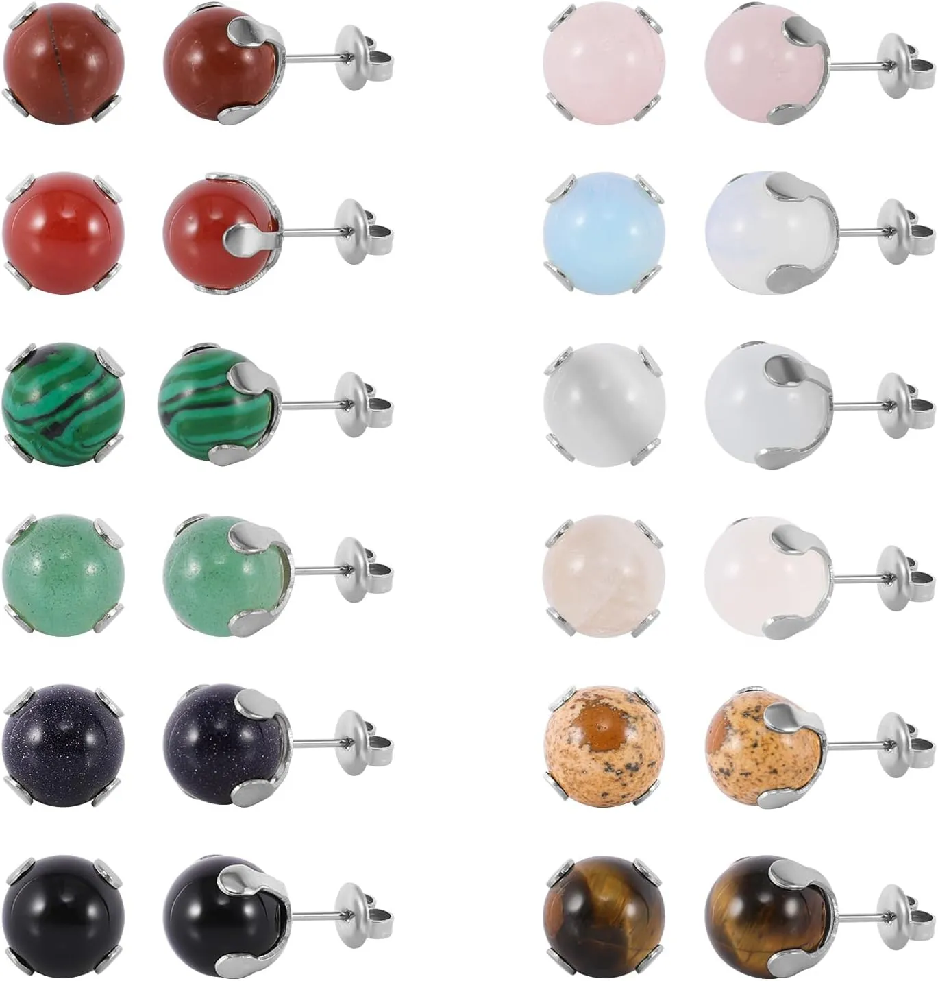 12 Pairs Multi Natural Gemstone Round Bead Ball Stud Earrings Gold Plated Stainless Steel Opal Tiger Eye Rose Quartz Onyx Stone Stud Earrings Set for Women
