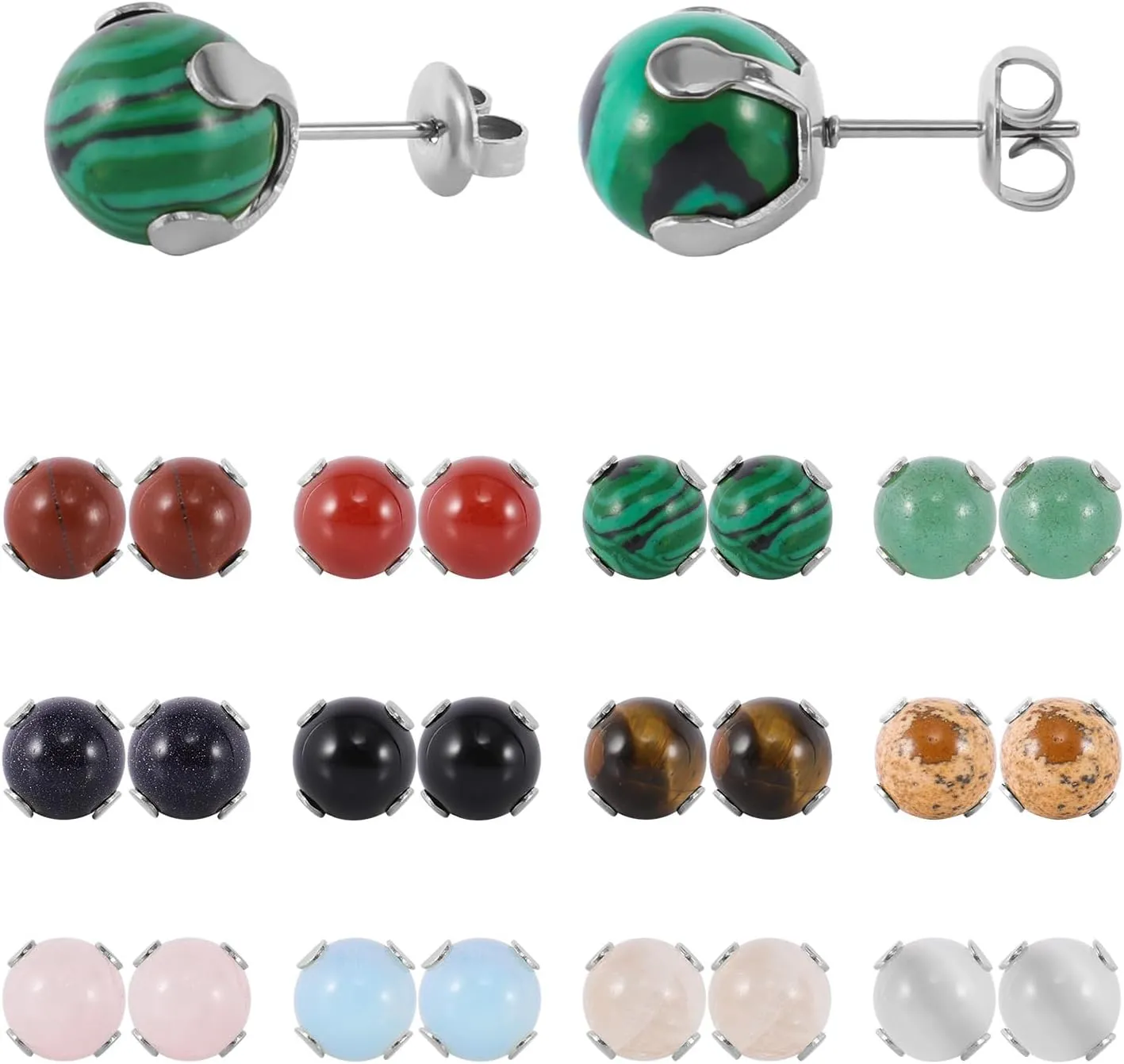 12 Pairs Multi Natural Gemstone Round Bead Ball Stud Earrings Gold Plated Stainless Steel Opal Tiger Eye Rose Quartz Onyx Stone Stud Earrings Set for Women