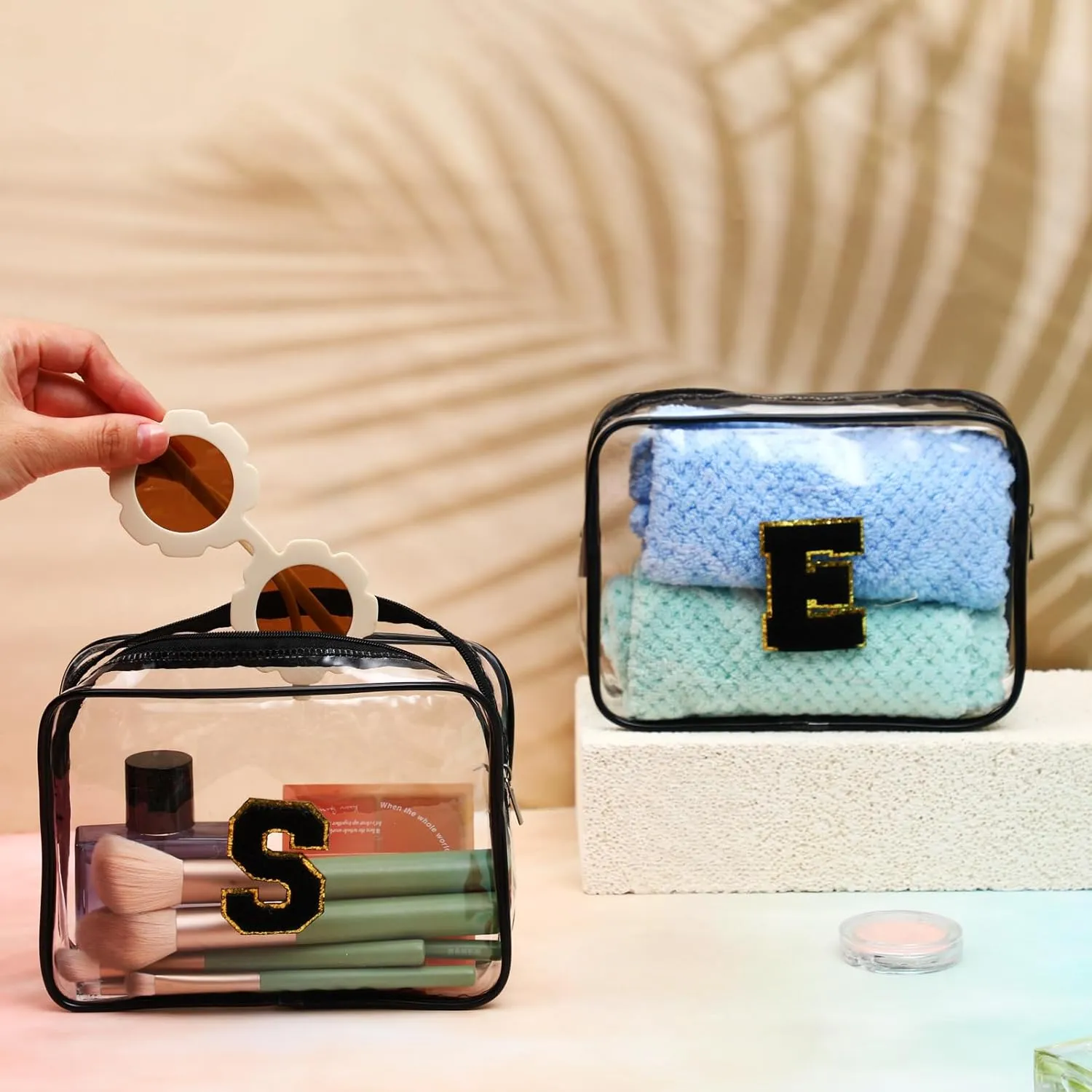 12 Personalized Initial A-z Preppy Patch Clear Makeup Bag Initial Letter Beach Travel Toiletry Cosmetic PVC Bag DIY Chenille Sew Letter Patches End of the Year Gifts(Black, Black Letters)