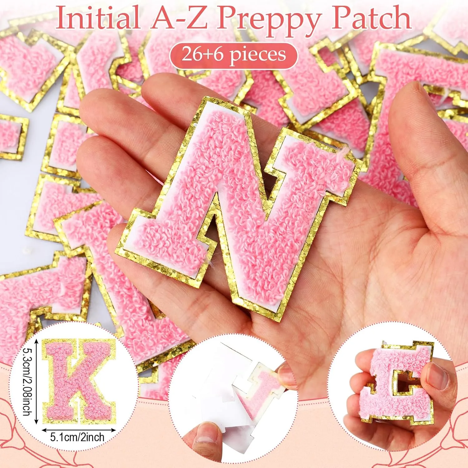 12 Personalized Initial A-z Preppy Patch Clear Makeup Bag Initial Letter Beach Travel Toiletry Cosmetic PVC Bag DIY Chenille Sew Letter Patches End of the Year Gifts(Pink, Pink Letters)
