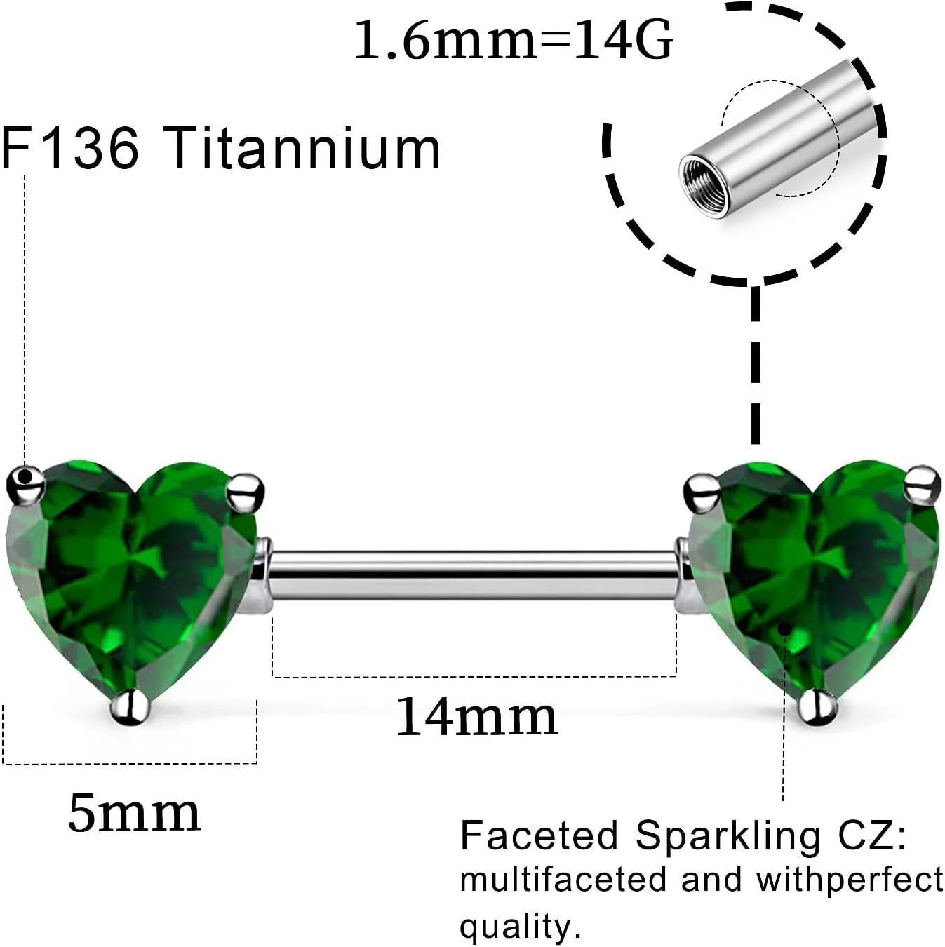 14G ASTM F136 Titanium Nipple Piercing Jewelry Heart CZ Nipple Barbell Jewelry Internally Threaded G23 Solid Titanium Nipple Piercing Barbell Ring Jewelry for Women Men 14 Gauge