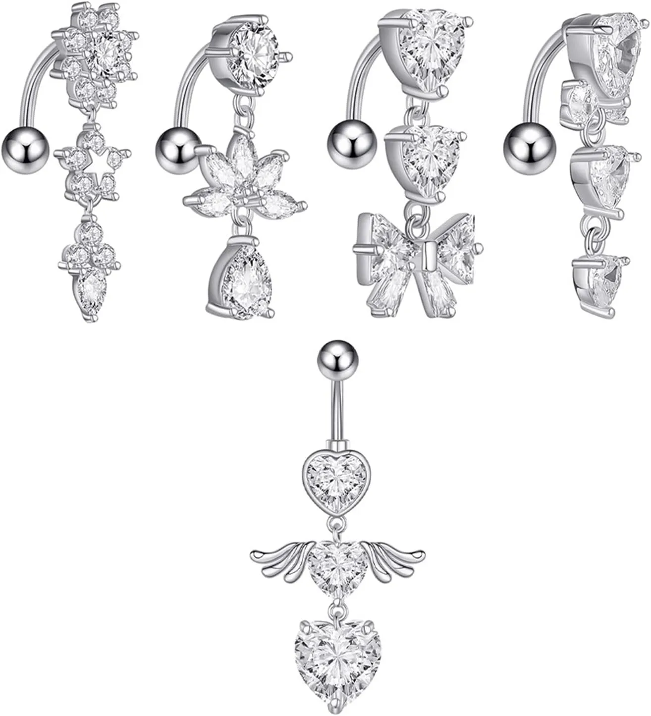 14G Belly Button Ring, 5Pcs Stainless-Steel Inverted Body Piercing Jewelry, Piercing Body Jewelry for Women