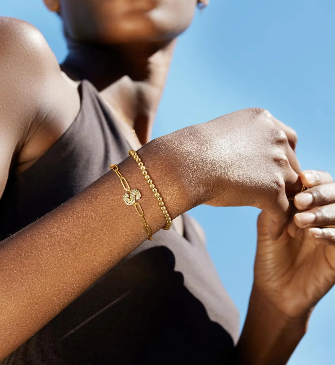 14K Gold Layered Bracelets for Women - Trendy Cubic Zirconia A-Z Beaded Initial Letter Charm Bracelet Adjustable Paperclip Chain Bracelets for Women Jewelry Gifts Dainty