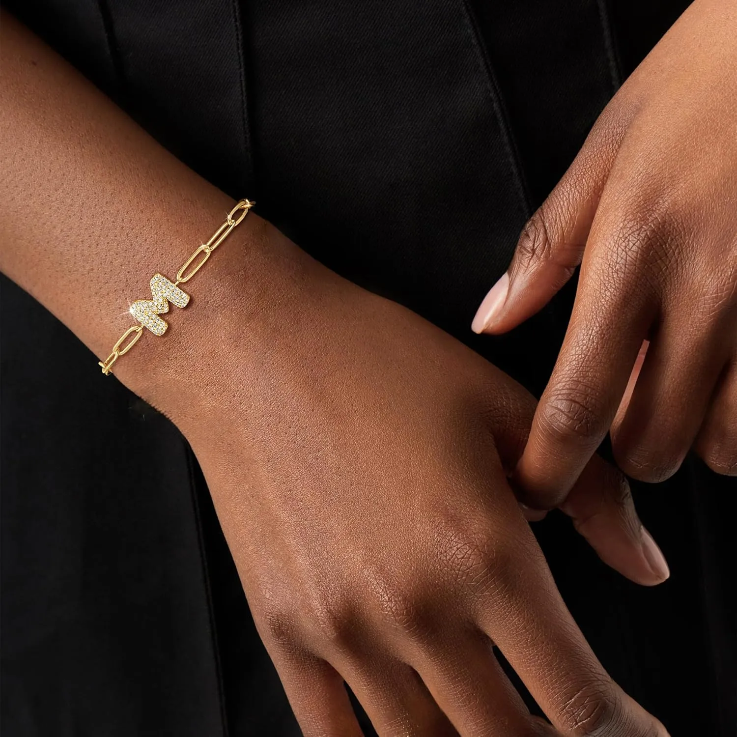 14K Gold Layered Bracelets for Women - Trendy Cubic Zirconia A-Z Beaded Initial Letter Charm Bracelet Adjustable Paperclip Chain Bracelets for Women Jewelry Gifts Dainty