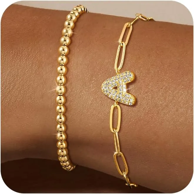 14K Gold Layered Bracelets for Women - Trendy Cubic Zirconia A-Z Beaded Initial Letter Charm Bracelet Adjustable Paperclip Chain Bracelets for Women Jewelry Gifts Dainty