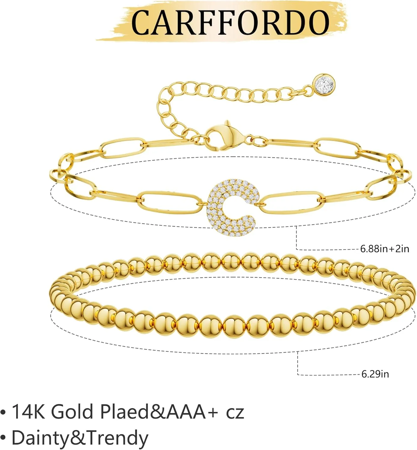 14K Gold Layered Bracelets for Women - Trendy Cubic Zirconia A-Z Beaded Initial Letter Charm Bracelet Adjustable Paperclip Chain Bracelets for Women Jewelry Gifts Dainty