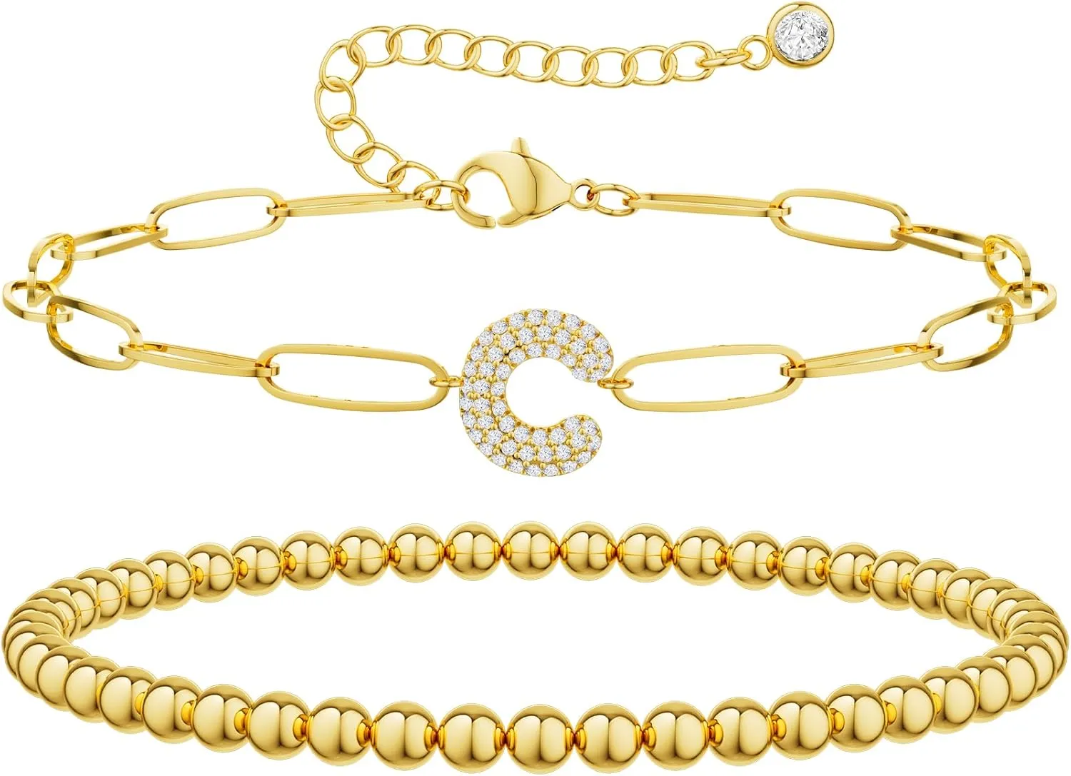 14K Gold Layered Bracelets for Women - Trendy Cubic Zirconia A-Z Beaded Initial Letter Charm Bracelet Adjustable Paperclip Chain Bracelets for Women Jewelry Gifts Dainty
