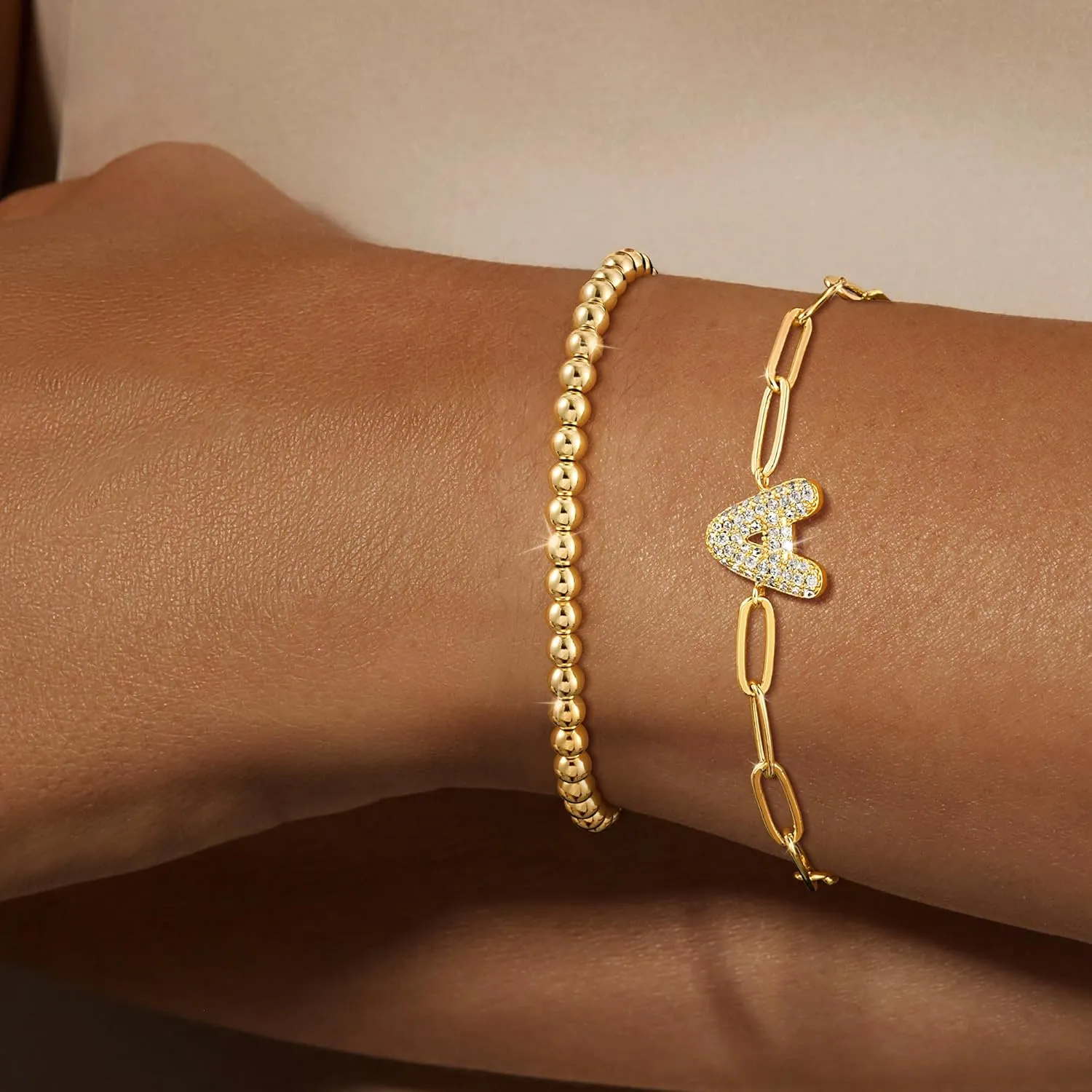 14K Gold Layered Bracelets for Women - Trendy Cubic Zirconia A-Z Beaded Initial Letter Charm Bracelet Adjustable Paperclip Chain Bracelets for Women Jewelry Gifts Dainty
