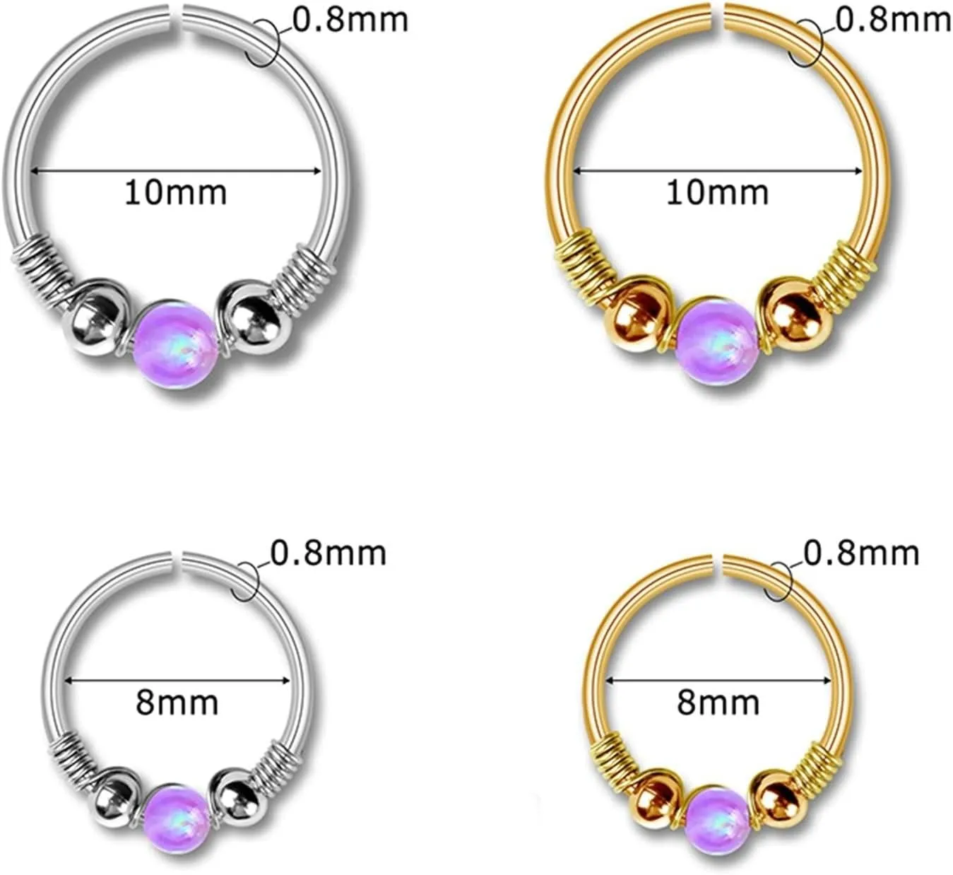 1Pcs Septum Jewelry, Nose Rings Hoops Jewelry Round Shape with Opal Round Opal Stainless Steel 0.8mm