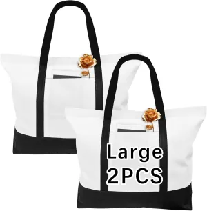 2 PCS Stylish canvas tote bags for women,blank large size tote bag With zipper,tote bag with pockets