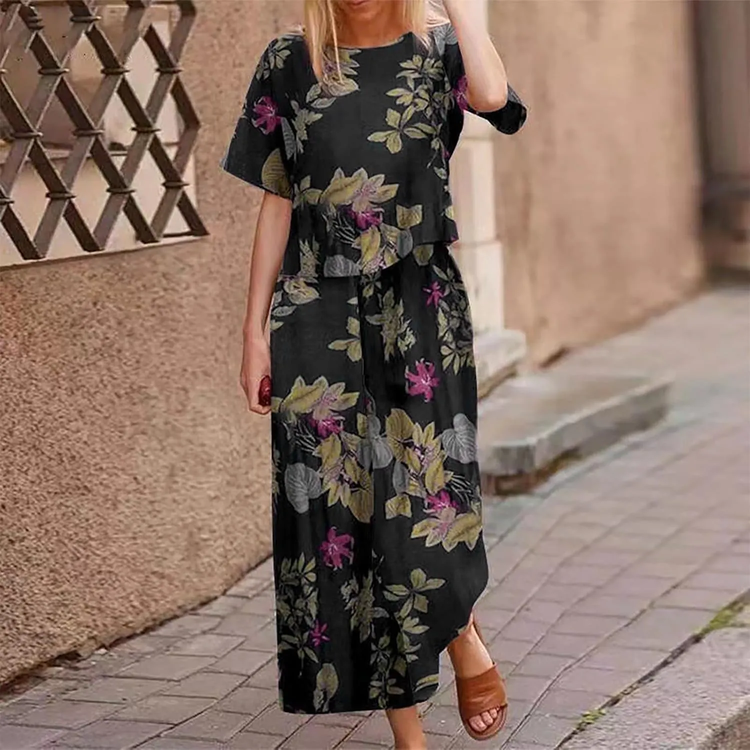 2 Piece Linen Set For Women Trendy Short Sleeve Crewneck Top Wide Leg Pants Cotton Linen Print Casual Outfits