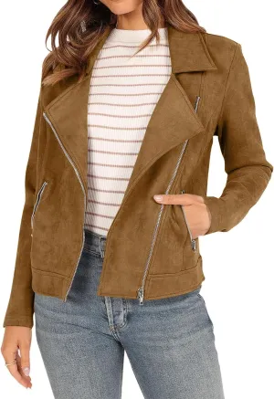 2024 Fall Jackets For Women Fashion Bomber Motorcycle Cropped Faux Leather Jacket Casual Notch Collar Zip Suede Coats