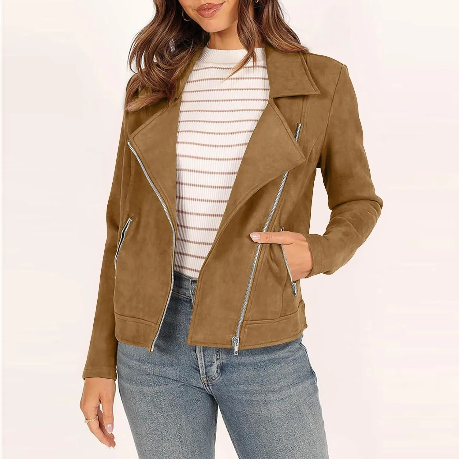 2024 Fall Jackets For Women Fashion Bomber Motorcycle Cropped Faux Leather Jacket Casual Notch Collar Zip Suede Coats