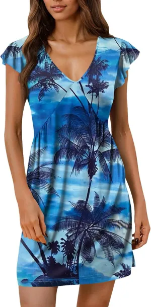 2025 Hawaiian Dresses for Women Summer Beach Dresses Casual Comfy Deep V Neck Sundress Ruffle Short Sleeve Mini Dress
