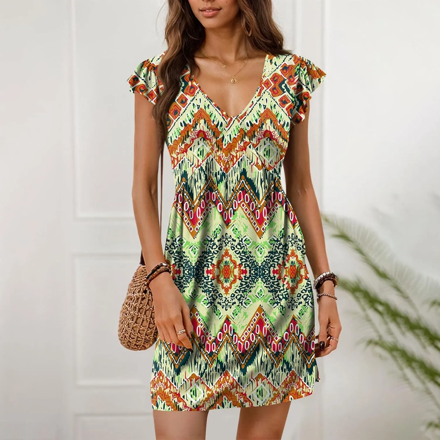 2025 Hawaiian Dresses for Women Summer Beach Dresses Casual Comfy Deep V Neck Sundress Ruffle Short Sleeve Mini Dress