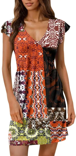 2025 Hawaiian Dresses for Women Summer Beach Dresses Casual Comfy Deep V Neck Sundress Ruffle Short Sleeve Mini Dress