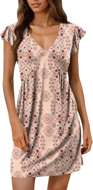 2025 Hawaiian Dresses for Women Summer Beach Dresses Casual Comfy Deep V Neck Sundress Ruffle Short Sleeve Mini Dress