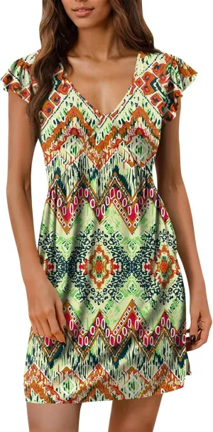 2025 Hawaiian Dresses for Women Summer Beach Dresses Casual Comfy Deep V Neck Sundress Ruffle Short Sleeve Mini Dress