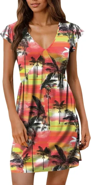 2025 Hawaiian Dresses for Women Summer Beach Dresses Casual Comfy Deep V Neck Sundress Ruffle Short Sleeve Mini Dress
