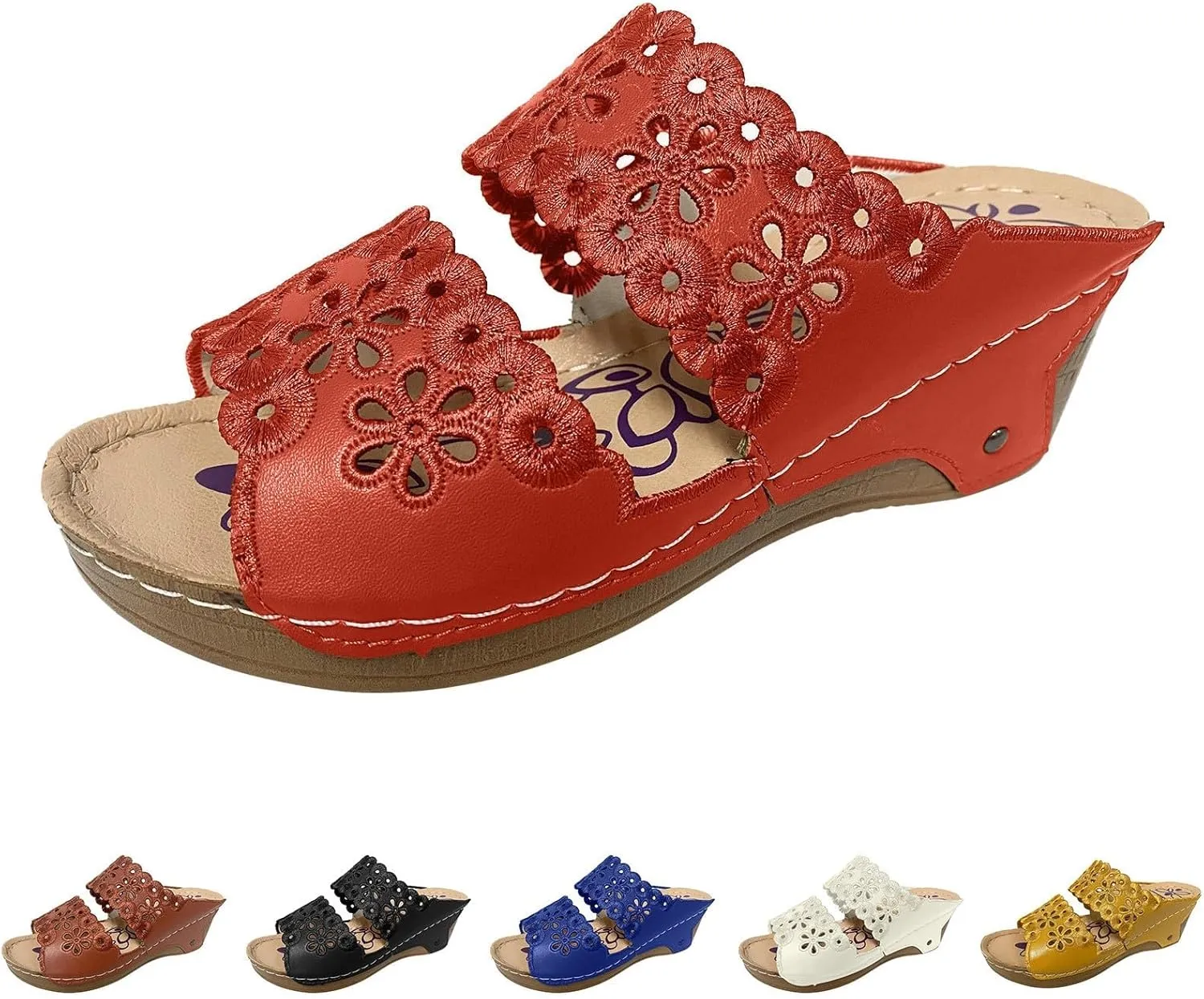2025 Orthopedic Wedge Sandals for Women Summer Dressy Low Heel Comfortable Flowers Hollow Out Slides Retro Soft Soled On Wedges Support Walking Arch Support Casual Slip on Shoes