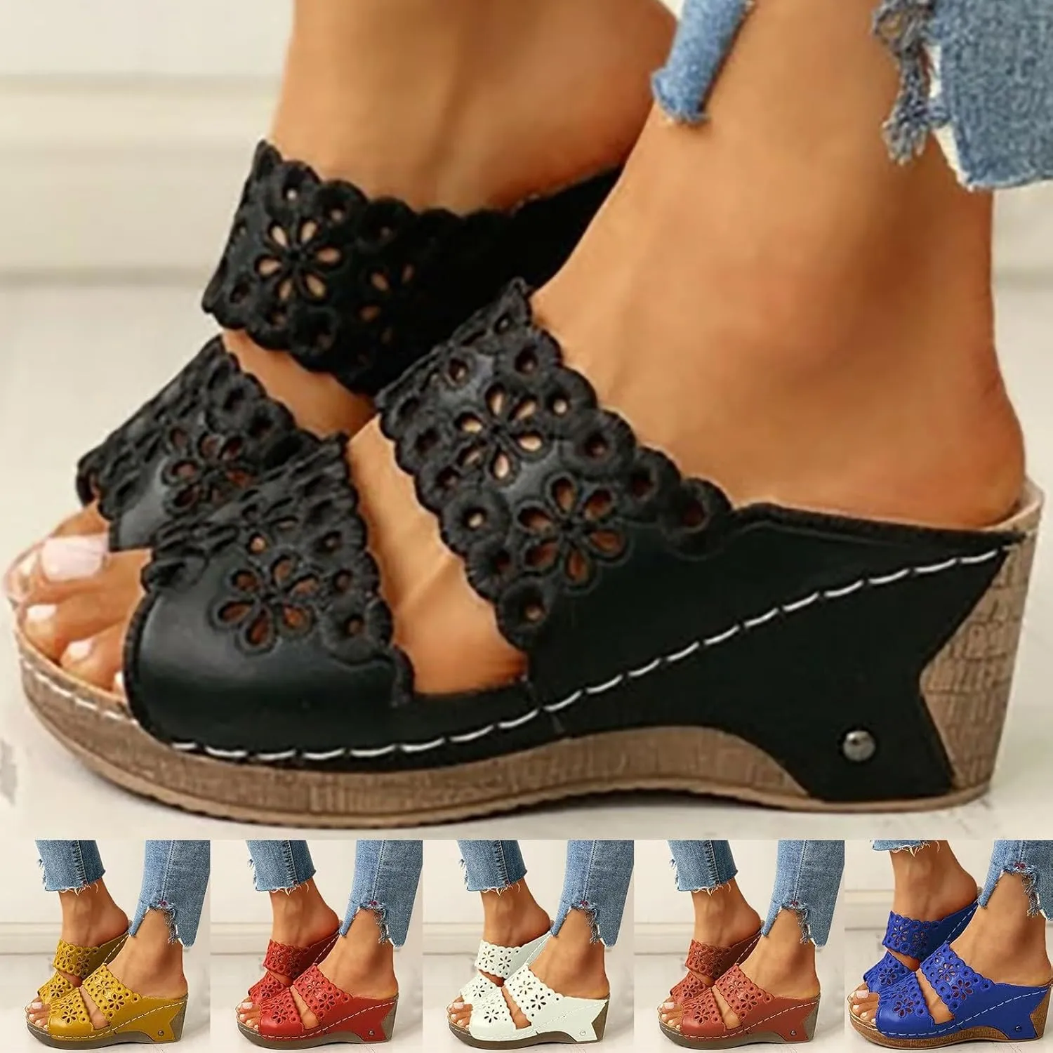 2025 Orthopedic Wedge Sandals for Women Summer Dressy Low Heel Comfortable Flowers Hollow Out Slides Retro Soft Soled On Wedges Support Walking Arch Support Casual Slip on Shoes