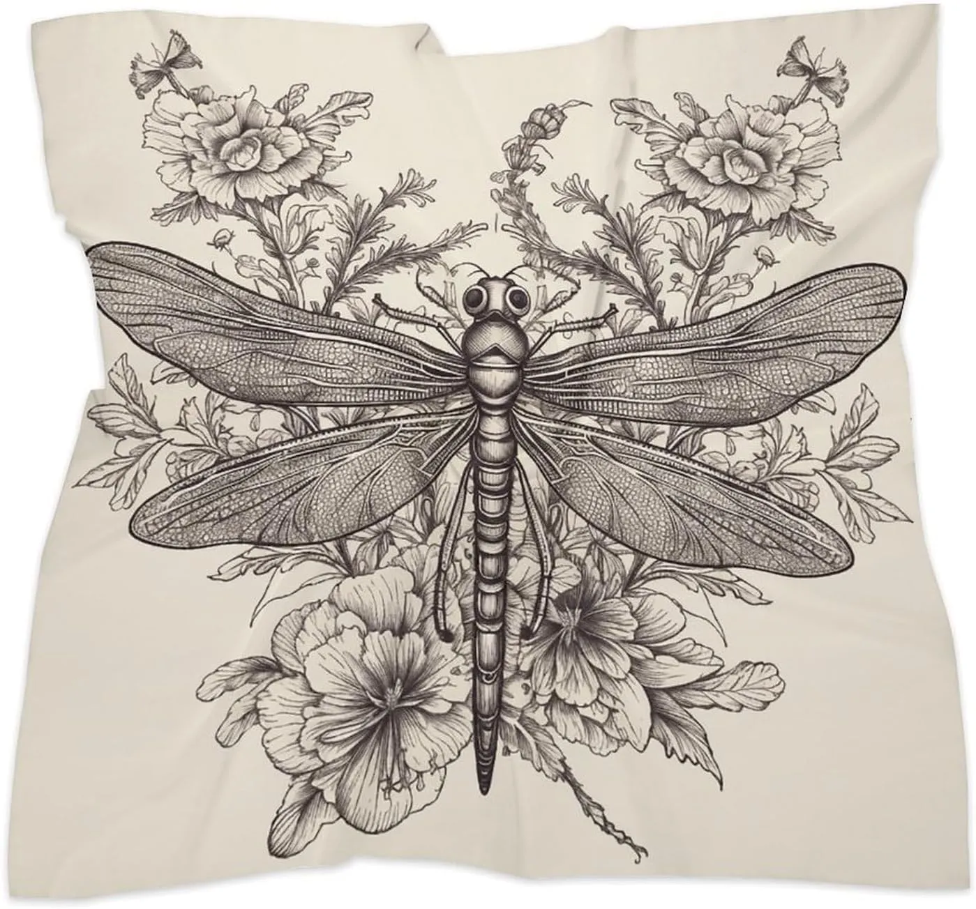 25" Silk Scarf Lightweight Satin Hand Drawn Floral Dragonfly Head Scarf Fashion Neck Head Scarves Headband Silk Scarves for Women Men Boho Hair Wrap Kerchief Hair Bandanas Square Neckerchief
