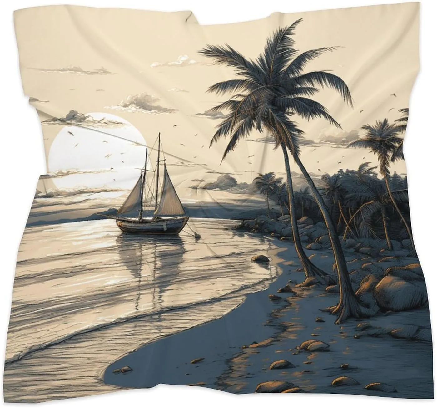 25" Silk Scarf Lightweight Satin Palm Trees Fishing Boat Head Scarf Fashion Neck Head Scarves Headband Silk Scarves for Women Men Boho Hair Wrap Kerchief Hair Bandanas Square Neckerchief