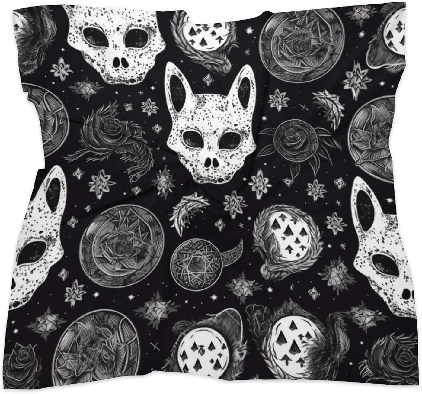 25" Silk Scarf Lightweight Satin Skull Cat Moon Gothic Head Scarf Fashion Neck Head Scarves Headband Silk Scarves for Women Men Boho Hair Wrap Kerchief Hair Bandanas Square Neckerchief