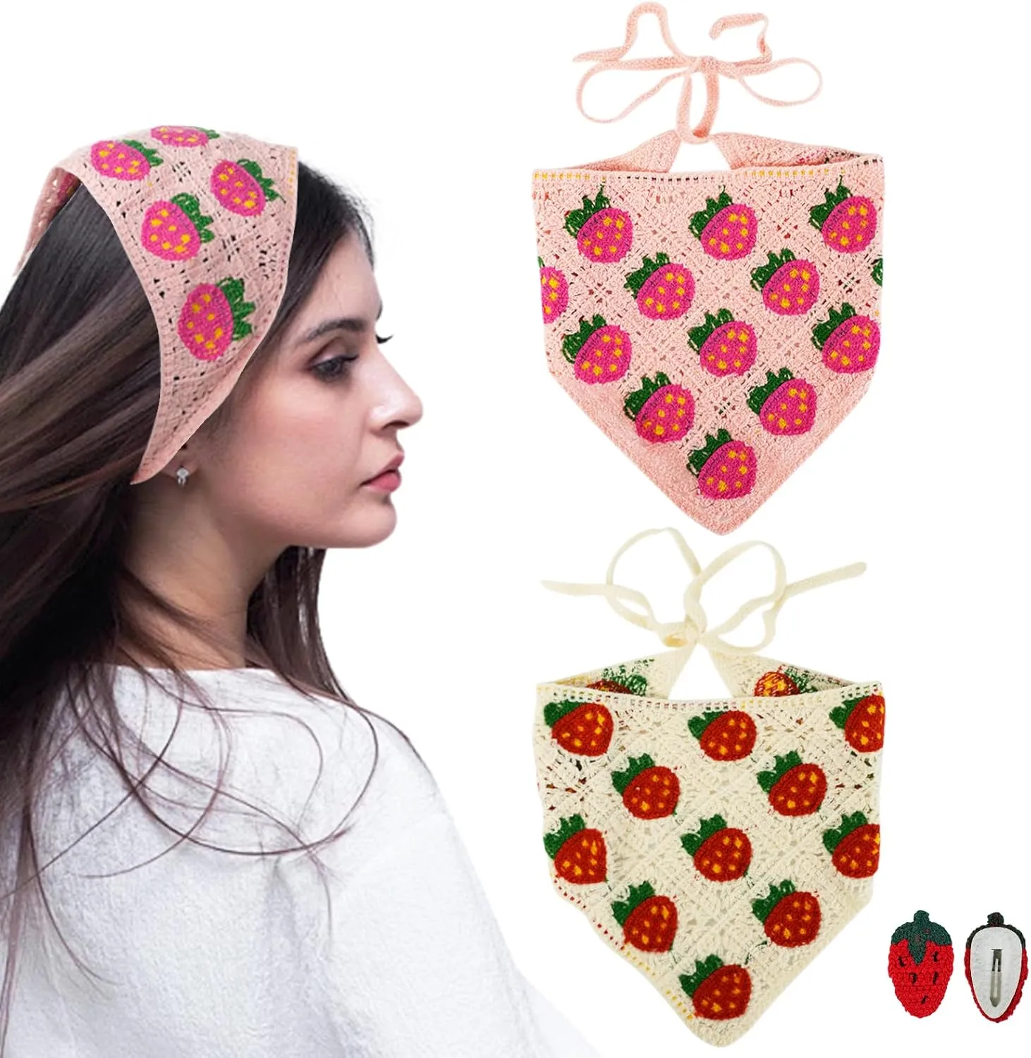 2PCS Strawberry Crochet Bandana Headbands,Hair Bandanas for Women,Knitted Strawberry Headband Scarves with 2 Hair Clips,Hair Accessories for Women's Stylish Decor,Crochet Headband Hair Scarf for Girls