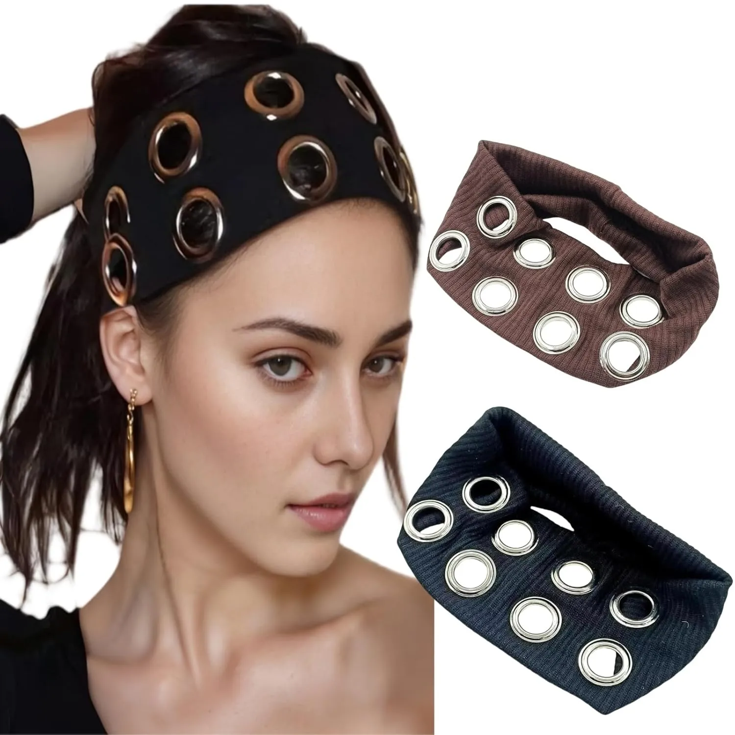 2Pcs Women Hair Accessories Knitted Rivet Headbands Metal Hollow Eyelet Elastic Headband