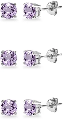 3-Pair Set Sterling Silver Gemstone 4mm Round Stud Earrings