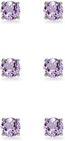 3-Pair Set Sterling Silver Gemstone 4mm Round Stud Earrings