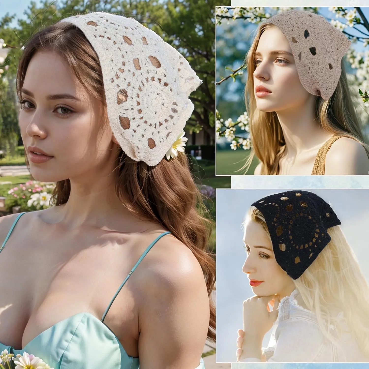 3Pcs Floral Crochet Hair Bandanas Headbands Headscarf Hair Scarf Vintage Headband Knitted Head Kerchief for Women Girls