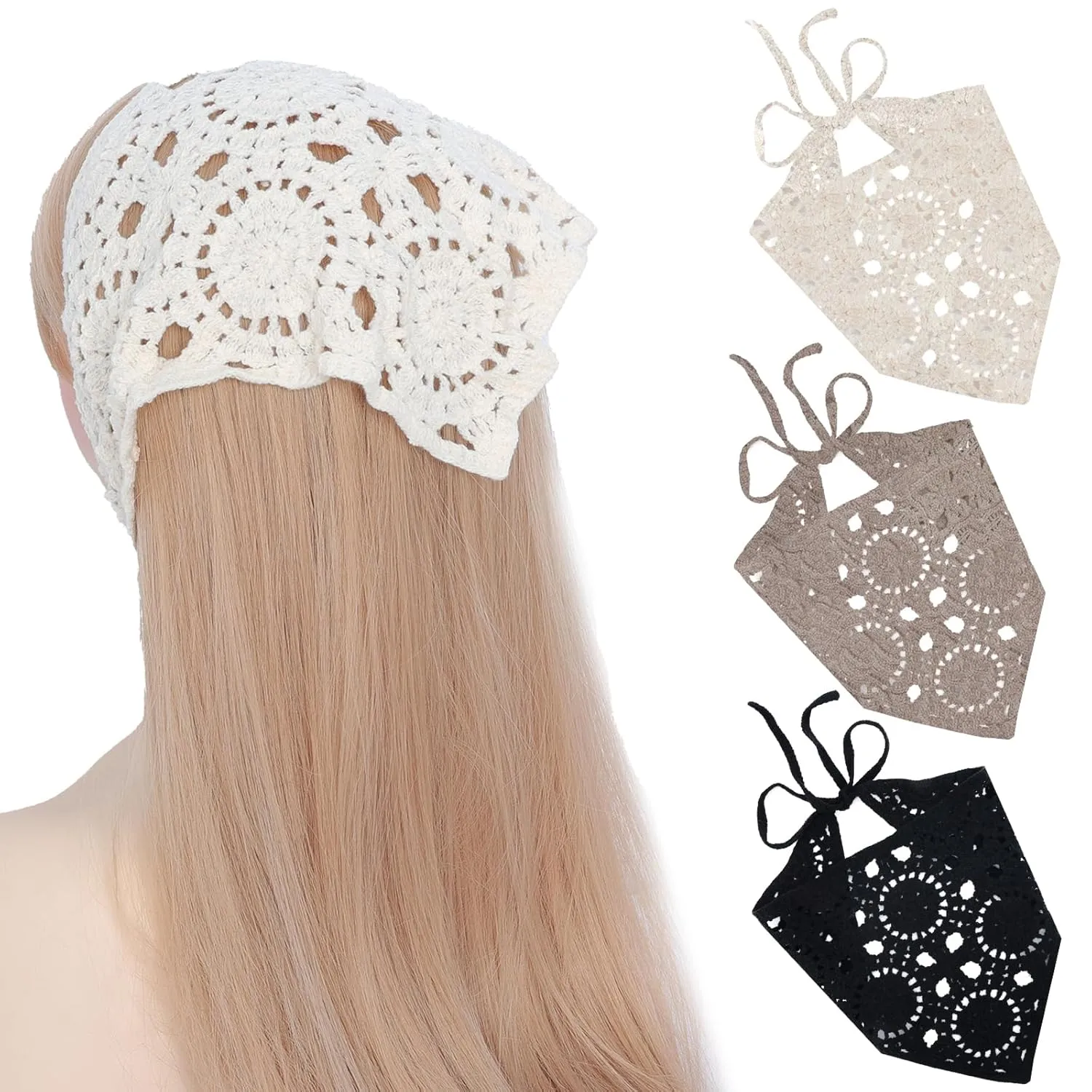 3Pcs Floral Crochet Hair Bandanas Headbands Headscarf Hair Scarf Vintage Headband Knitted Head Kerchief for Women Girls