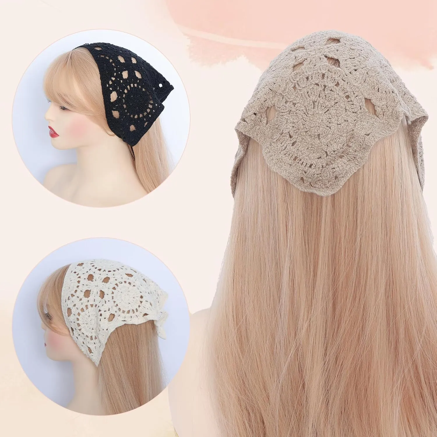 3Pcs Floral Crochet Hair Bandanas Headbands Headscarf Hair Scarf Vintage Headband Knitted Head Kerchief for Women Girls