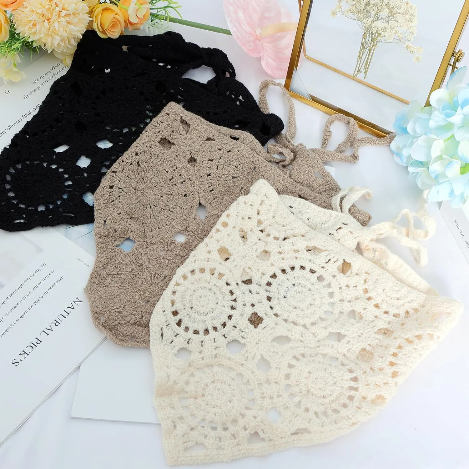 3Pcs Floral Crochet Hair Bandanas Headbands Headscarf Hair Scarf Vintage Headband Knitted Head Kerchief for Women Girls