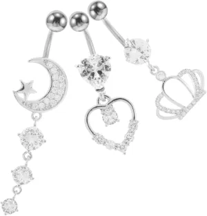 3pcs Moon Navel Rings Long Dangle Belly Button Jewelry Rhinestone Nose Ring Body Jewelry for Women