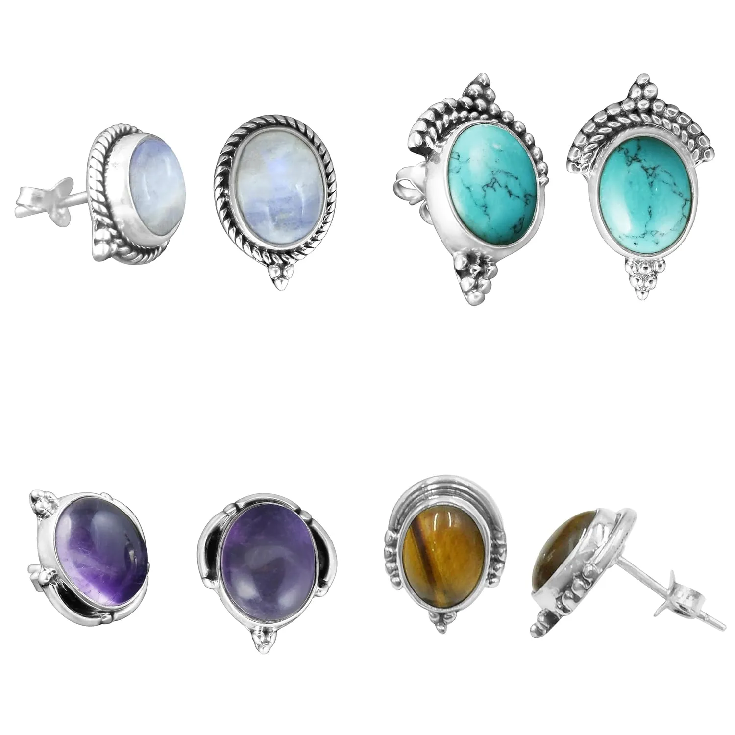 4 Pairs Lot Gemstone Stud Earrings Healing Earrings Gemstone Earrings Silver Plated Earrings Minimalist Earrings Multi Gemstone Stud Jewelry (925 Sterling Silver)