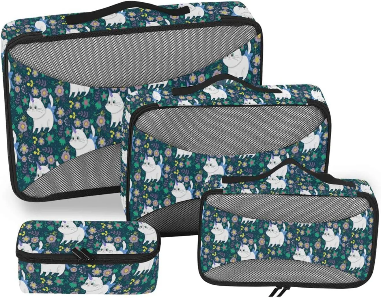 4 Pcs Travel Packing Cubes for Suitcases Cat Unicorn Flowers Travel Packing Cubes Visible Luggage Cubes Organizers Suitcase Organizer Bags Set