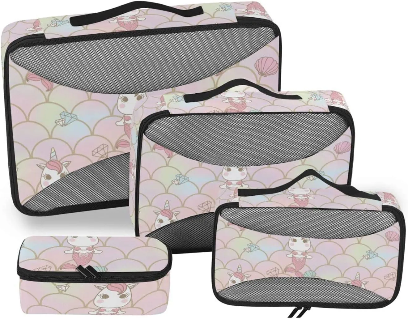 4 Pcs Travel Packing Cubes for Suitcases Cute Pink Unicorn Mermaid Travel Packing Cubes Visible Luggage Cubes Organizers Suitcase Organizer Bags Set