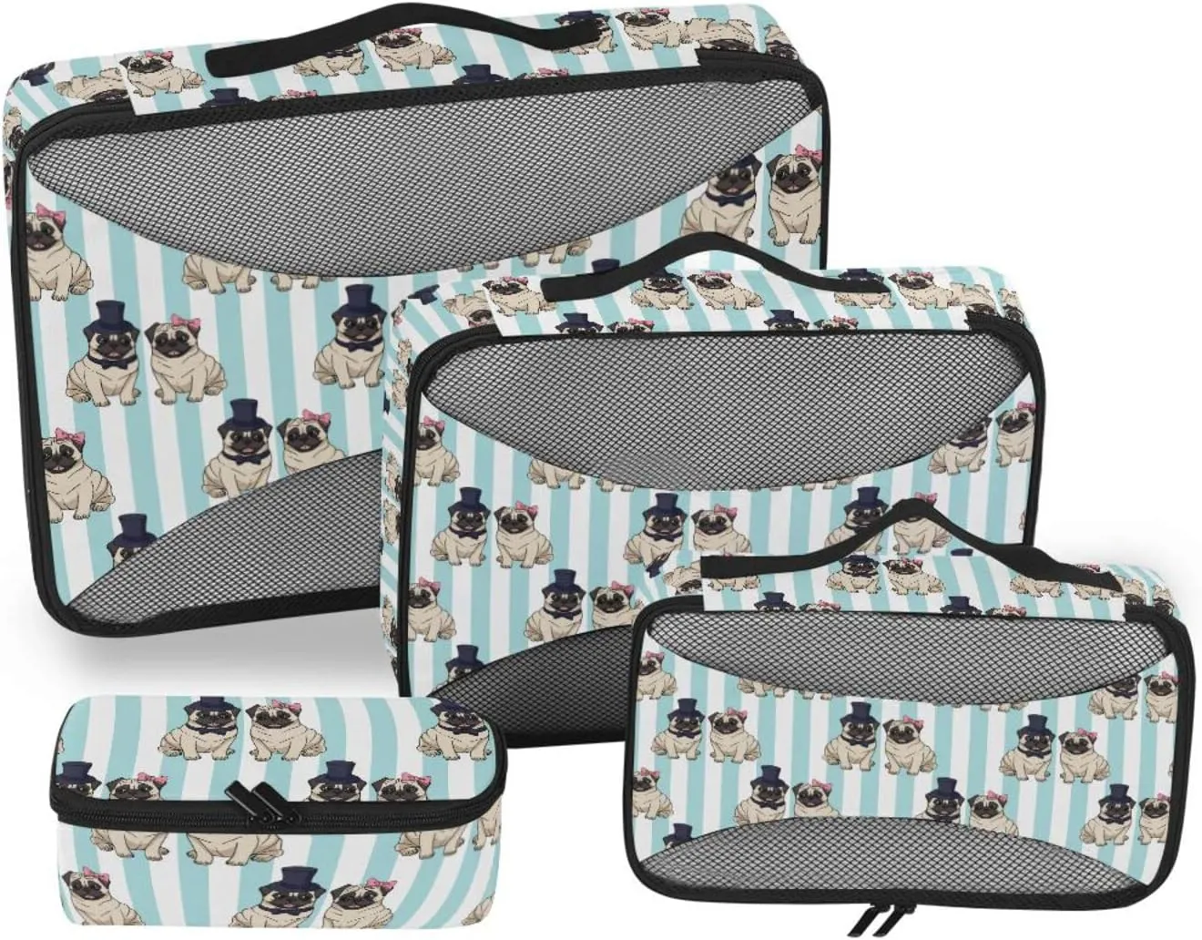4 Pcs Travel Packing Cubes for Suitcases Cute Pugs Travel Packing Cubes Visible Luggage Cubes Organizers Suitcase Organizer Bags Set