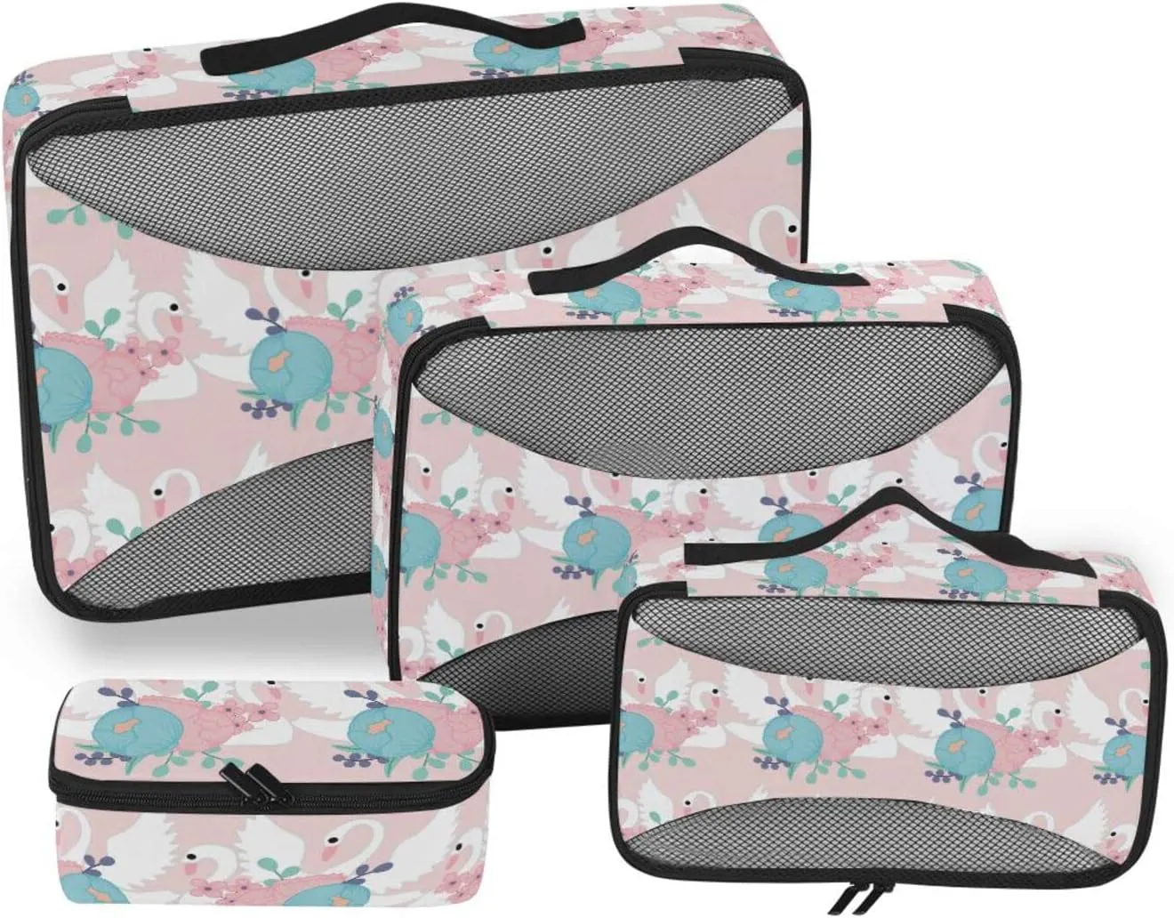 4 Pcs Travel Packing Cubes for Suitcases Swans and Pink Flower Travel Packing Cubes Visible Luggage Cubes Organizers Suitcase Organizer Bags Set