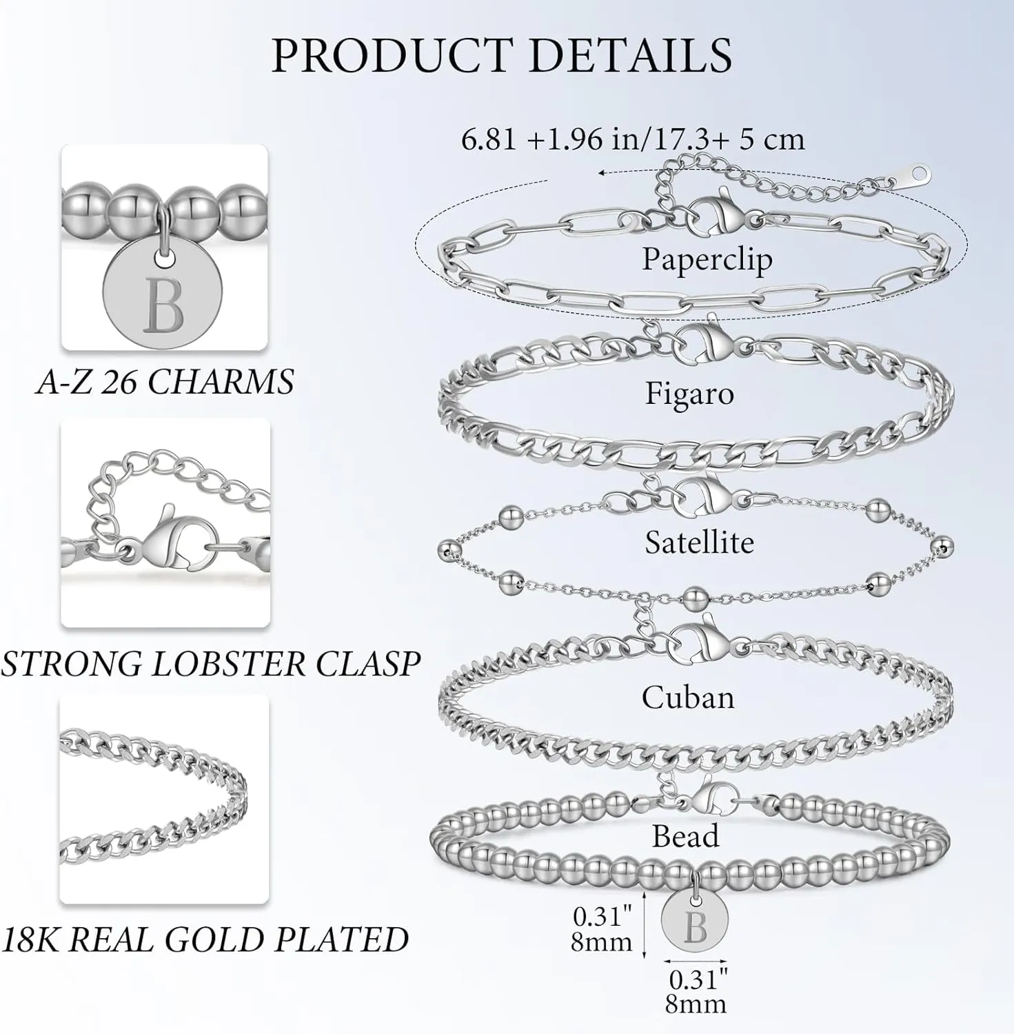 5PCS Gold Bracelets for Women, 18K Gold Plated Dainty Initial Charm Bracelets Set, Adjustable Layered Figaro & Bead Chain Gift for Women