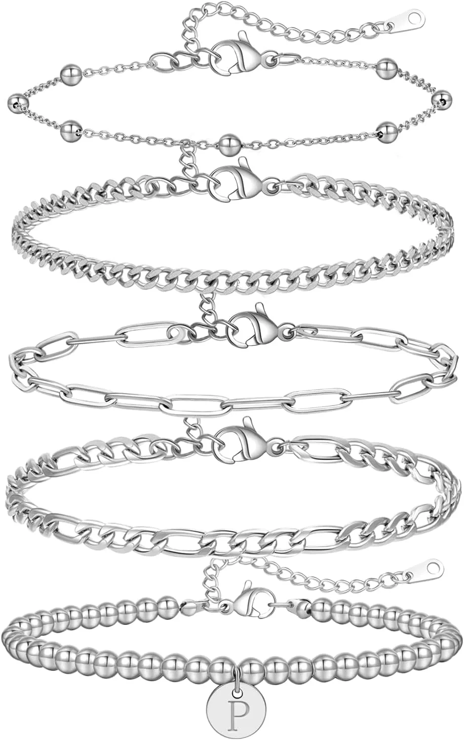 5PCS Gold Bracelets for Women, 18K Gold Plated Dainty Initial Charm Bracelets Set, Adjustable Layered Figaro & Bead Chain Gift for Women