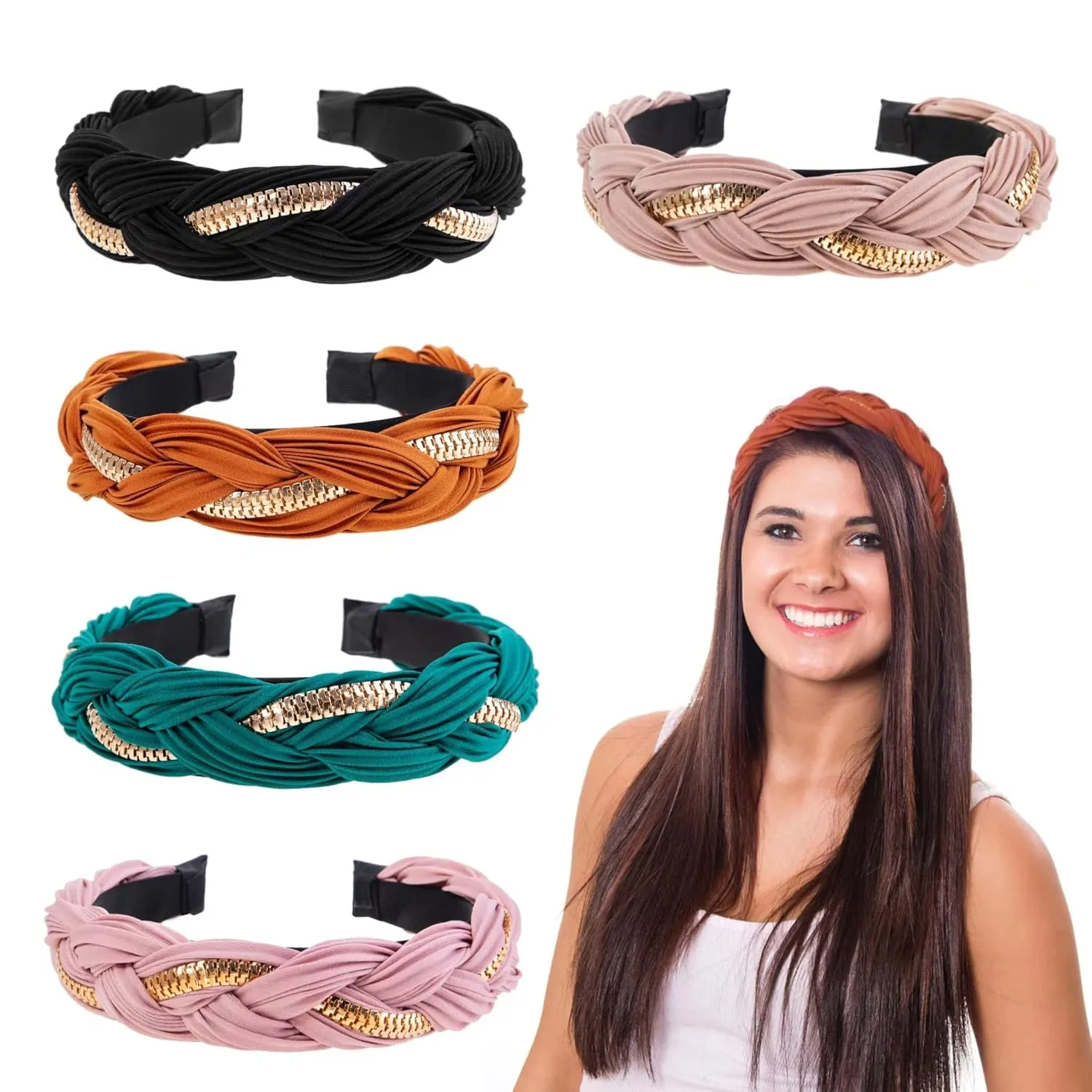 5PCS Knitted Folded Velvet Headband Fashion Hairbands with Decoration Zipper for Women Girls