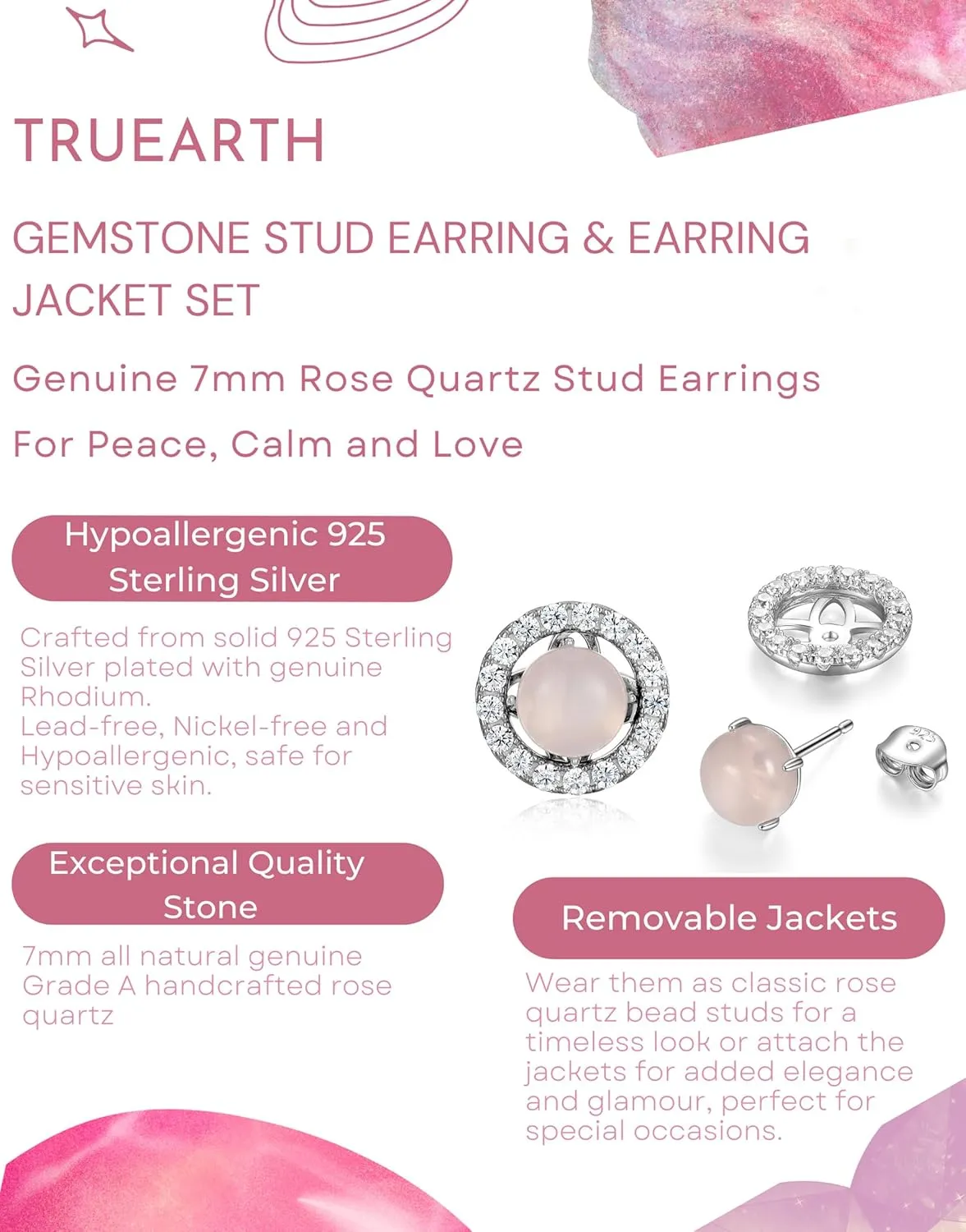 7mm Round Genuine Rose Quartz, Turquoise or Jade Removable Jacket Halo Stud Earrings for Women, 925 Sterling Silver Healing Gemstone Studs Earrings for Women