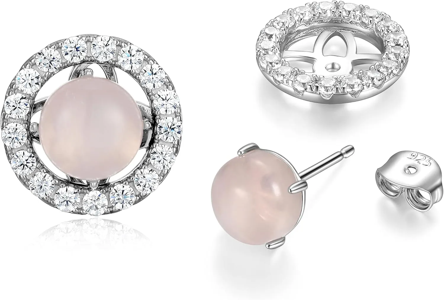7mm Round Genuine Rose Quartz, Turquoise or Jade Removable Jacket Halo Stud Earrings for Women, 925 Sterling Silver Healing Gemstone Studs Earrings for Women