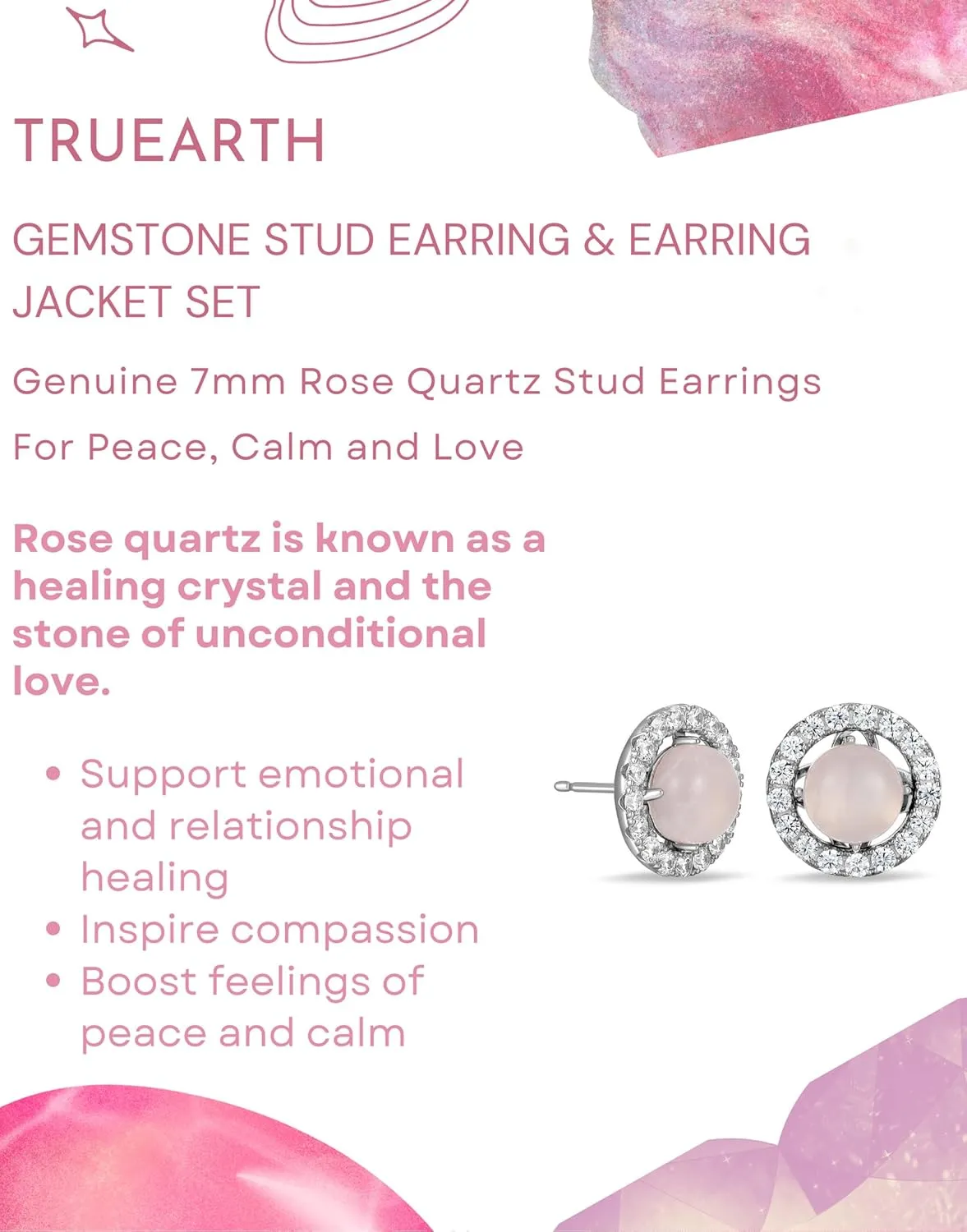 7mm Round Genuine Rose Quartz, Turquoise or Jade Removable Jacket Halo Stud Earrings for Women, 925 Sterling Silver Healing Gemstone Studs Earrings for Women