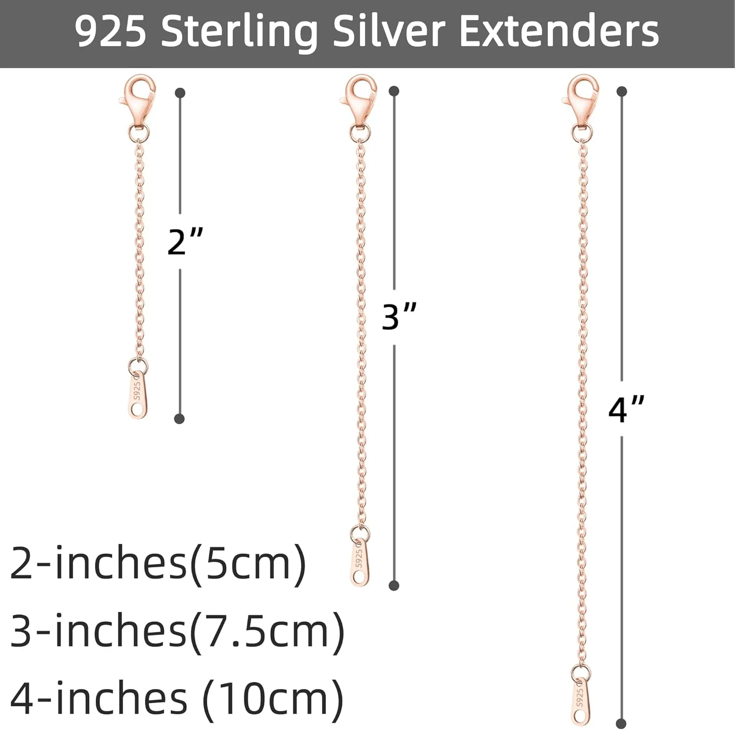 925 Sterling Silver Necklace Extender Rose Gold Necklace Extender Rose Gold Chain Extenders for Necklaces 2", 3", 4" Inches